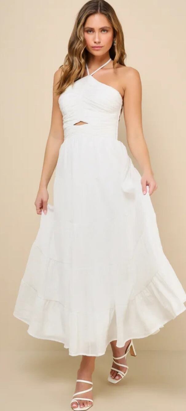 Lulus Effortless Sweetness White Ruched Lace-Up Tiered Midi Dress